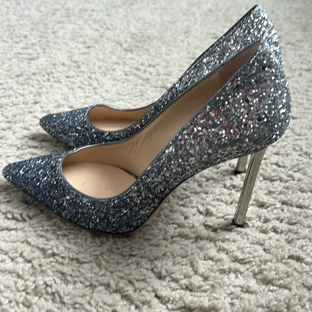 Jimmy Choo Silver Glitter Pointed-Toe Pumps